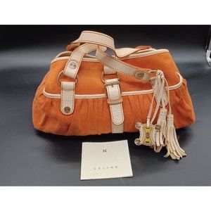 CELINE Orange Canvas & White Leather Women's Tote Hand Bag Shoulder Bag Vintage